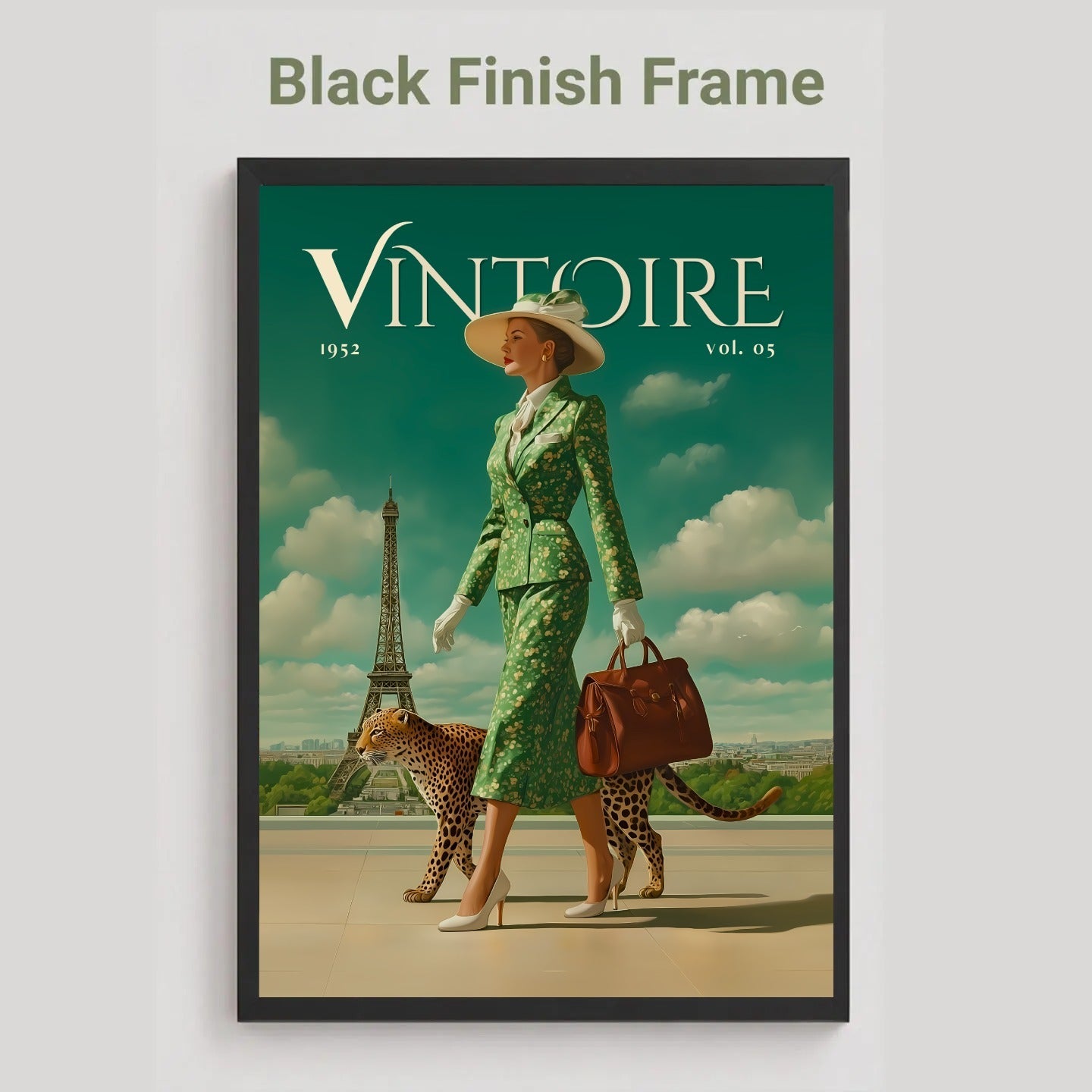 A framed poster print featuring a vintage-style illustrated scene with a woman in a green patterned outfit walking with two cheetahs under a teal sky, with the Eiffel Tower in the background. The frame is black, and the text above reads 'Black Finish Frame.