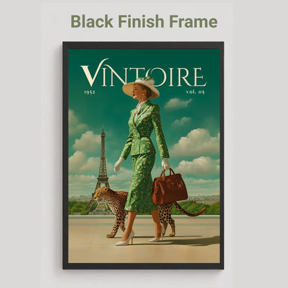 A framed poster print featuring a vintage-style illustrated scene with a woman in a green patterned outfit walking with two cheetahs under a teal sky, with the Eiffel Tower in the background. The frame is black, and the text above reads 'Black Finish Frame.