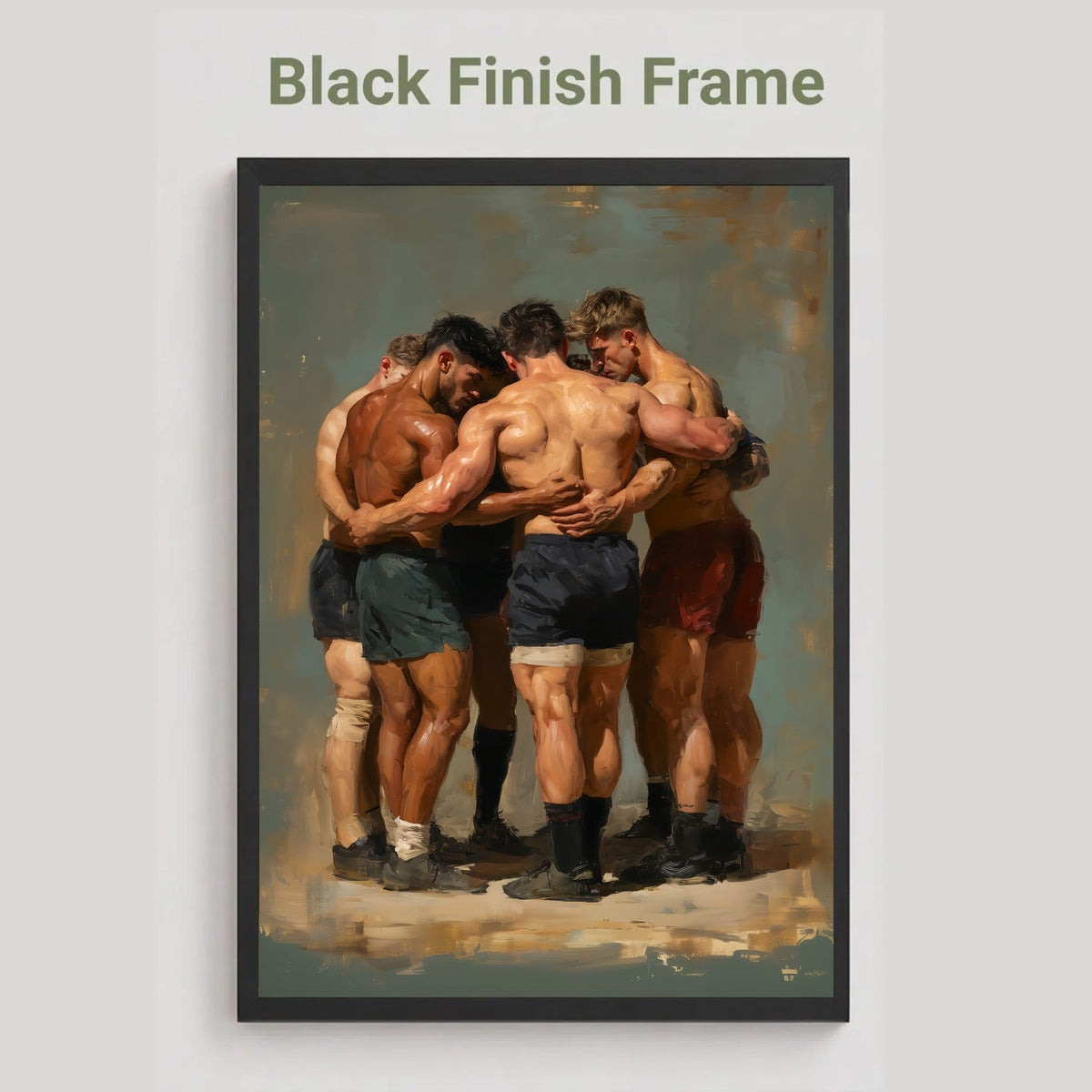 A framed art print featuring a classical painting of rugby players huddled together, displayed on a light gray wall with the text 'Black Finish Frame' above it.