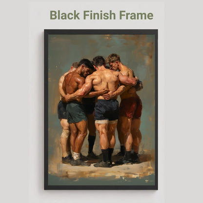 A framed art print featuring a classical painting of rugby players huddled together, displayed on a light gray wall with the text 'Black Finish Frame' above it.
