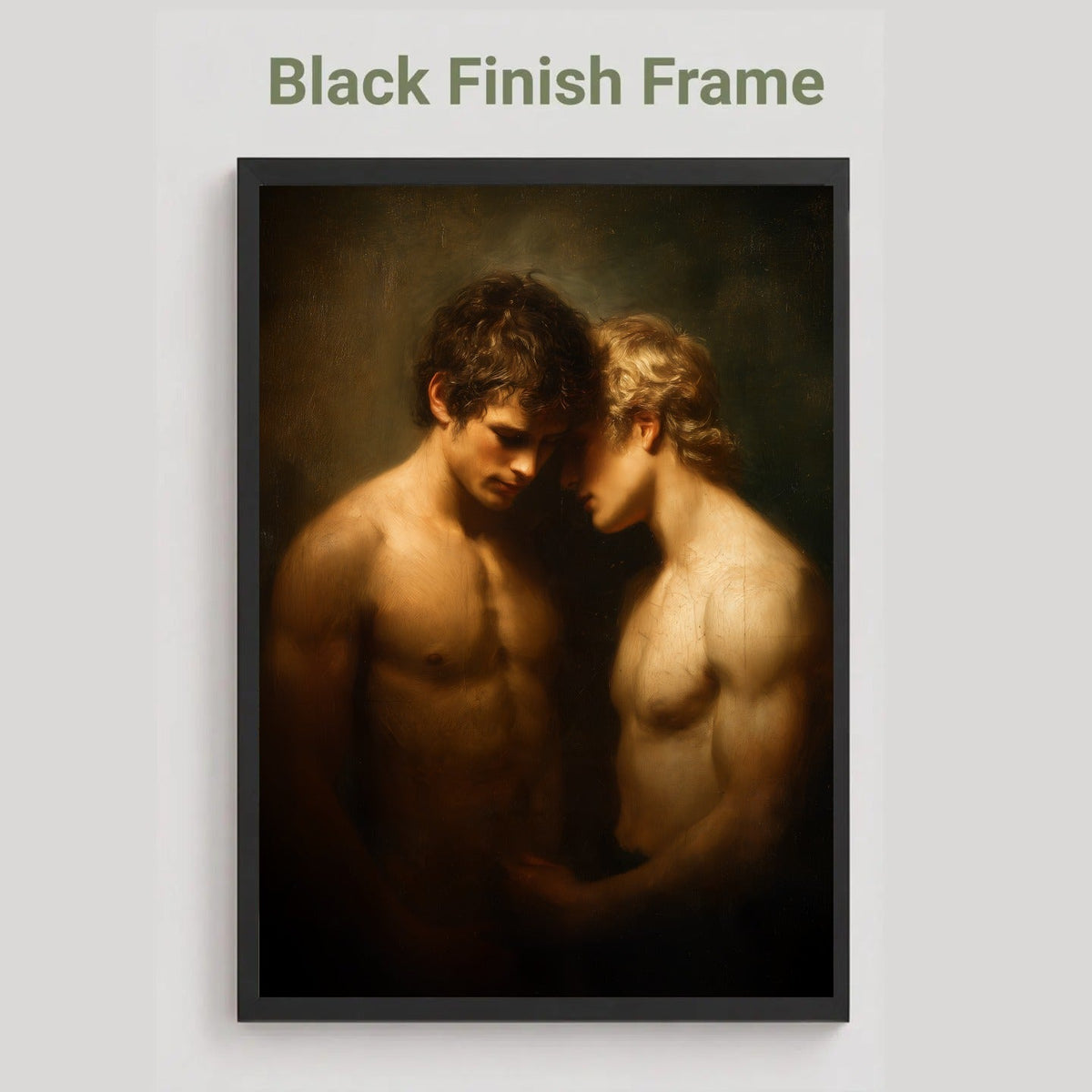 A framed art print featuring a classical-style painting of two shirtless men in warm chiaroscuro lighting, shown with the text 'Black Finish Frame' above it on a light gray background.