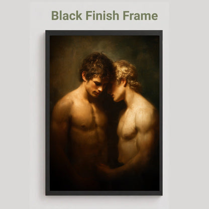 A framed art print featuring a classical-style painting of two shirtless men in warm chiaroscuro lighting, shown with the text 'Black Finish Frame' above it on a light gray background.