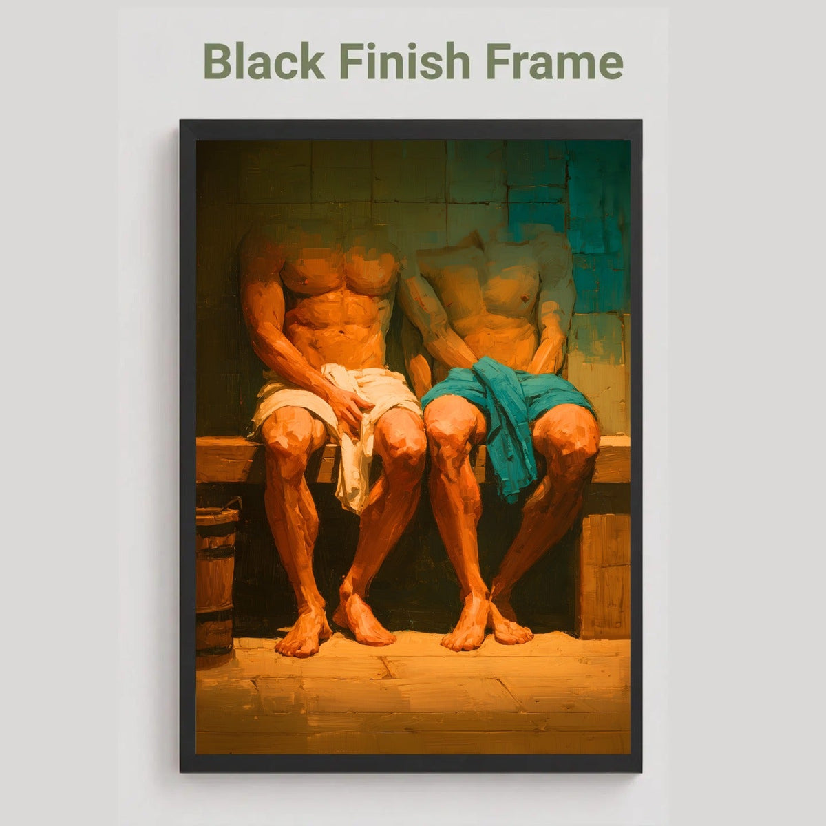 A framed art print featuring a warm-toned painting of two seated muscular men wrapped in white and teal cloths, displayed on a light gray background with the text 'Black Finish Frame' above it.
