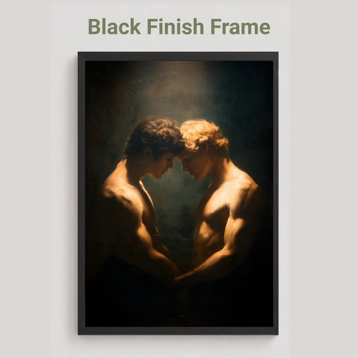 A framed art print featuring a classical painting of two muscular, shirtless men facing each other in dramatic low-key lighting. The print is housed in a black frame and is displayed against a light gray background with the text 'Black Finish Frame' above it.