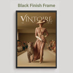 A framed fashion poster titled 'VINTOIRE' showing a woman in a long beige dress walking with a leopard on a runway, presented in a black frame against a light gray background with the text 'Black Finish Frame' above.