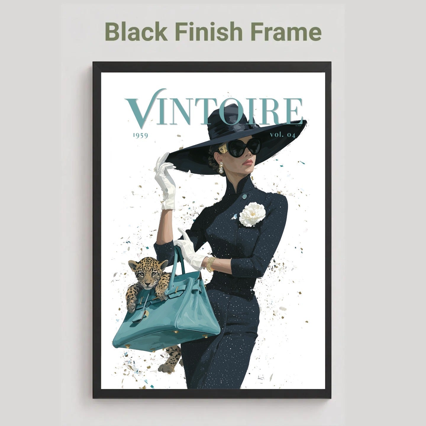 A framed art print featuring a vintage-style magazine cover illustration with the title 'VINTOIRE' and the text 'Black Finish Frame' above it. The artwork shows a woman in a black outfit and wide-brim hat holding a teal handbag with a leopard cub, set against a light background.