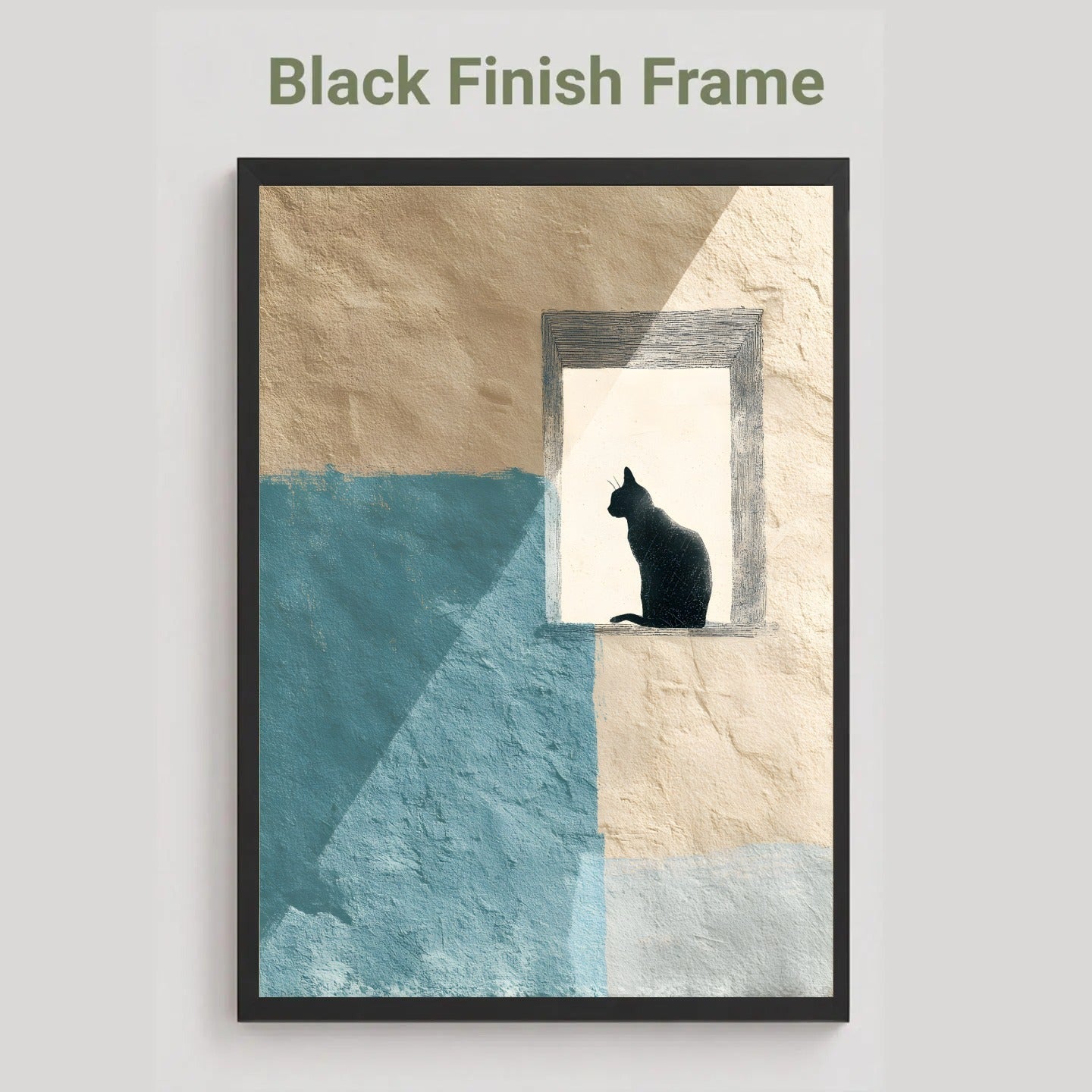 A framed wall art print with a black cat silhouette sitting in a window-like opening, set against a beige and blue textured background. The frame is labeled as black finish at the top on a light gray background.