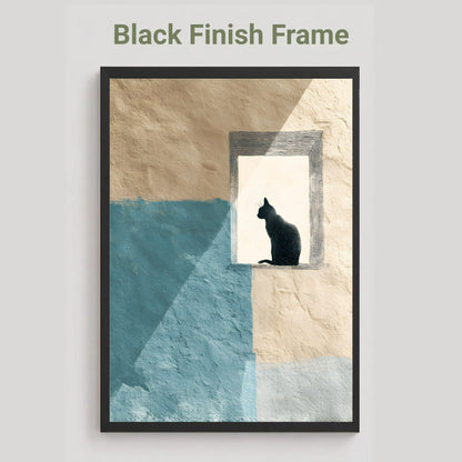 A framed wall art print with a black cat silhouette sitting in a window-like opening, set against a beige and blue textured background. The frame is labeled as black finish at the top on a light gray background.