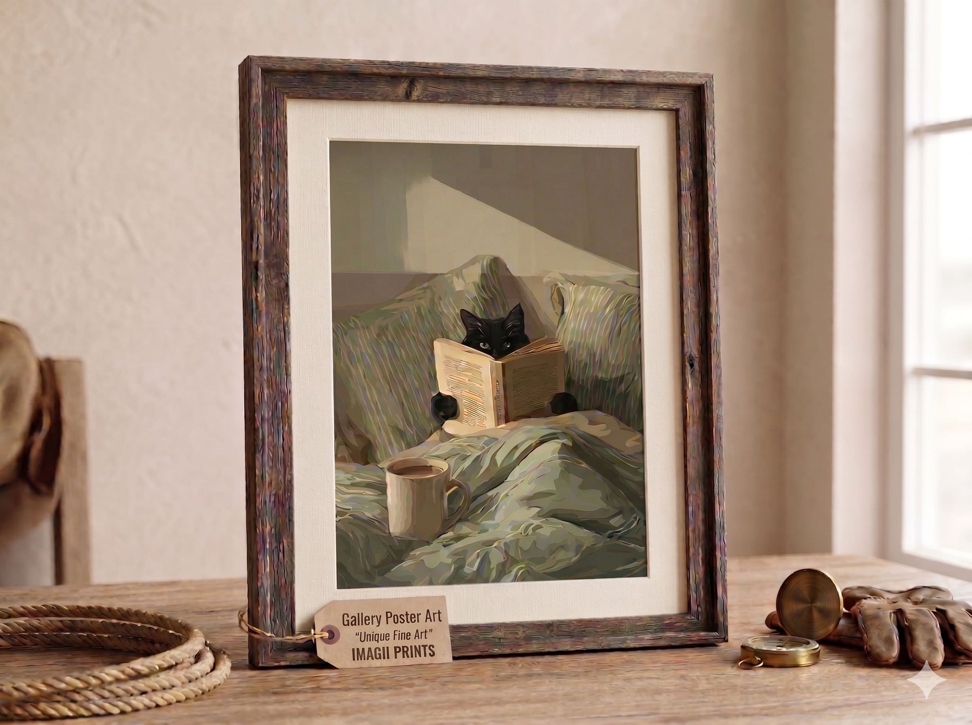Painterly poster of a black cat reading a book in bed with sage green striped pillows, mint sheets and a cream morning mug of tea.