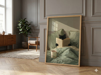 Painterly poster of a black cat reading a book in bed with sage green striped pillows, mint sheets and a cream morning mug of tea.