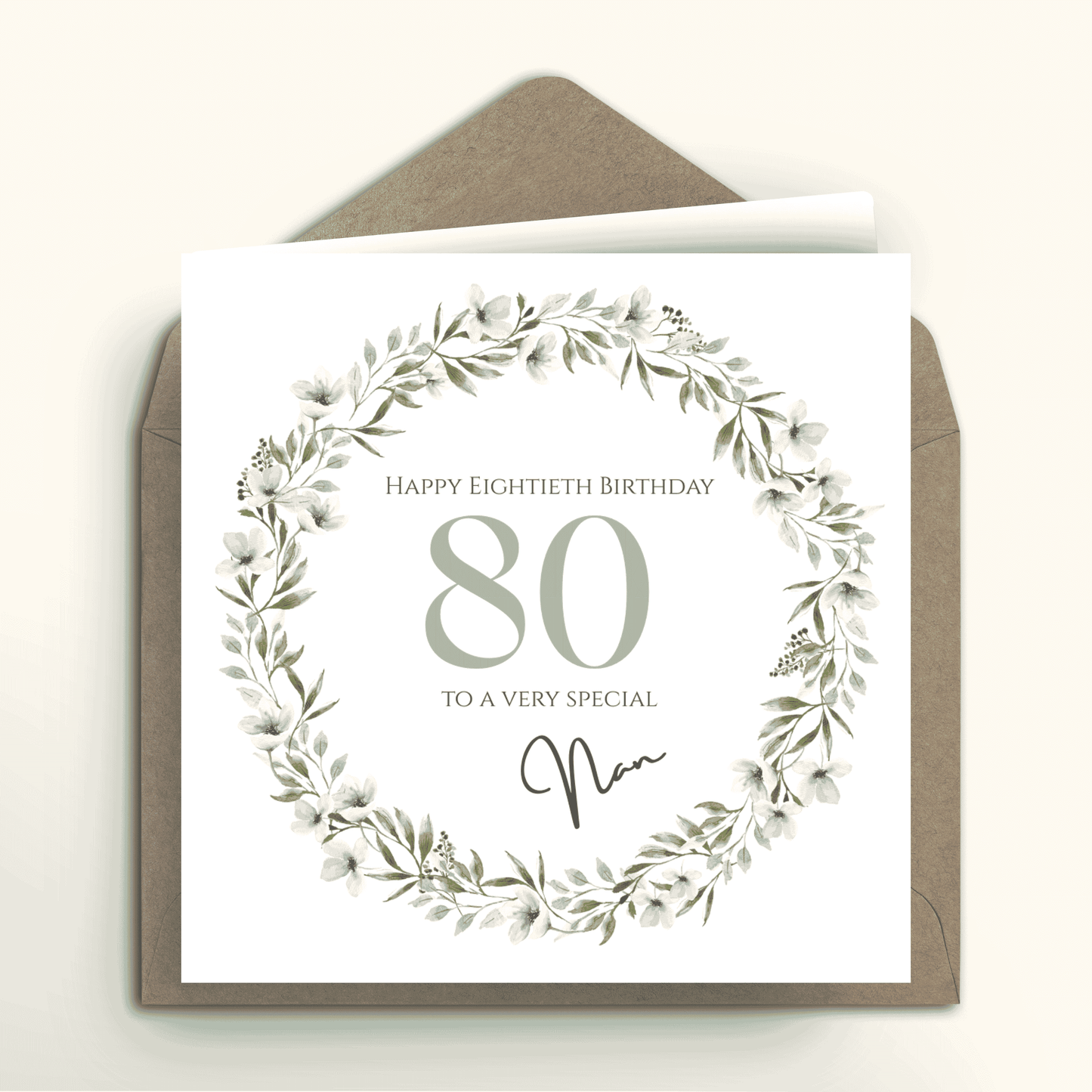 80th birthday card for a special nan with floral wreath design
