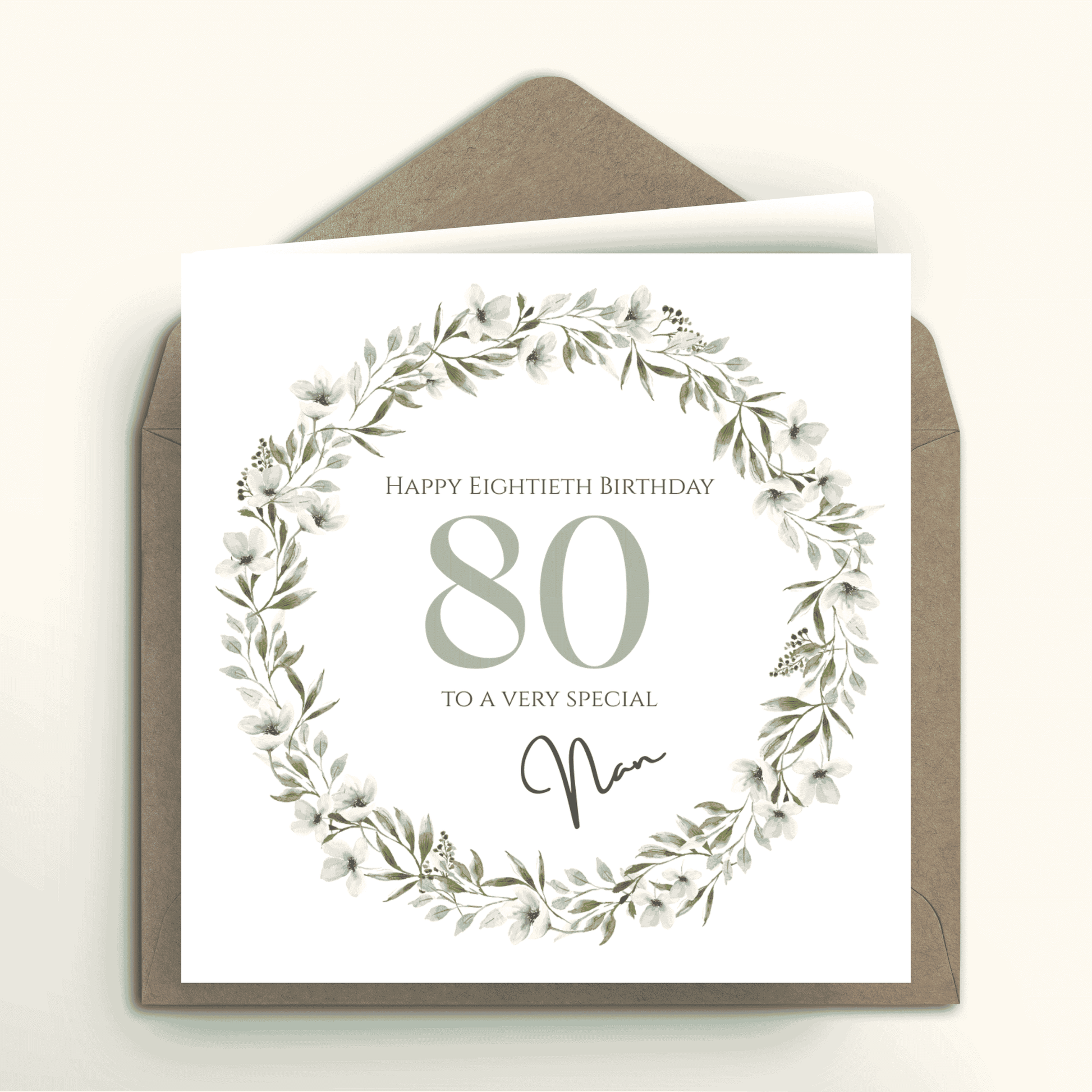 80th birthday card for a special nan with floral wreath design
