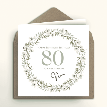 80th birthday card for a special nan with floral wreath design