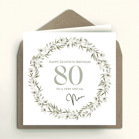 80th birthday card for a special nan with floral wreath design