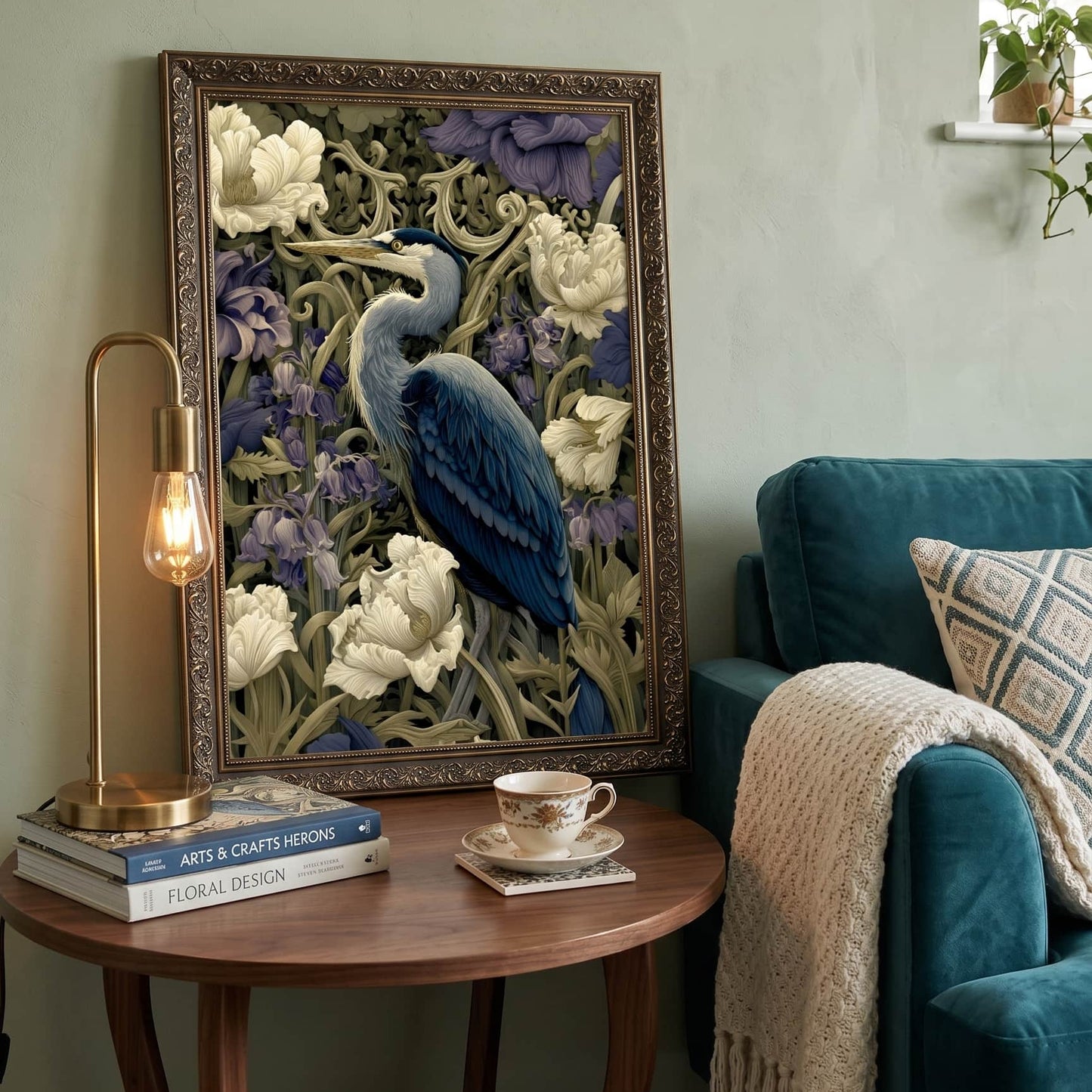 A framed art print featuring a blue heron and white flowers, styled in a cozy living room setting next to a teal armchair and a wooden side table.