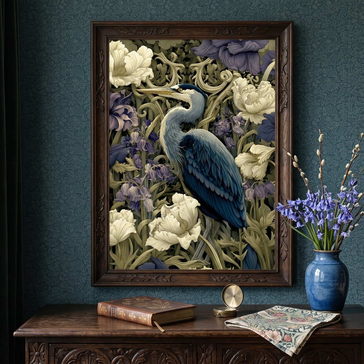 A framed art print featuring a blue heron among white flowers and purple foliage, displayed on a dark blue wall above a wooden console table with a blue vase of flowers and a book.