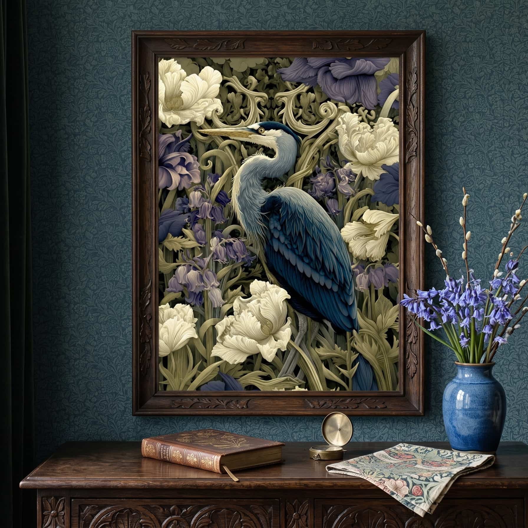 A framed art print featuring a blue heron among white flowers and purple foliage, displayed on a dark blue wall above a wooden console table with a blue vase of flowers and a book.