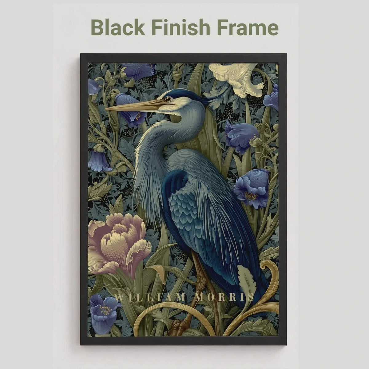 Decorative print with a blue heron and floral elements in a black frame on a light gray background. Blue heron among peonies and campanula in Victorian Arts & Crafts botanical style — dark teal, navy and olive art print