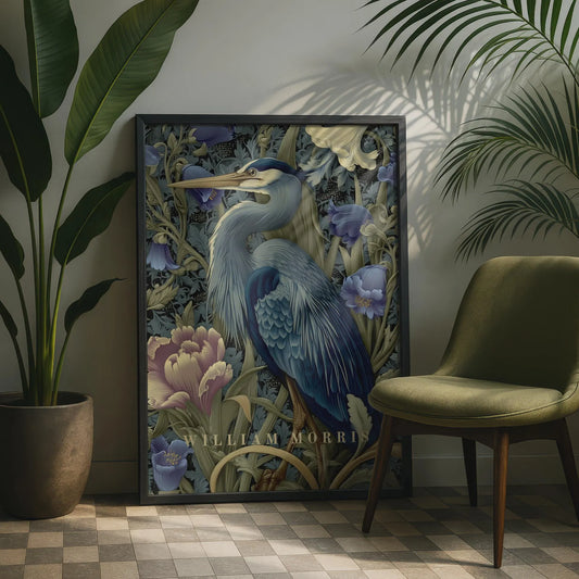 Decorative poster of a heron and flowers in a room with a chair and plants. Blue heron among peonies and campanula in Victorian Arts & Crafts botanical style — dark teal, navy and olive art print