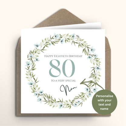 Blue Floral Happy 80th Birthday