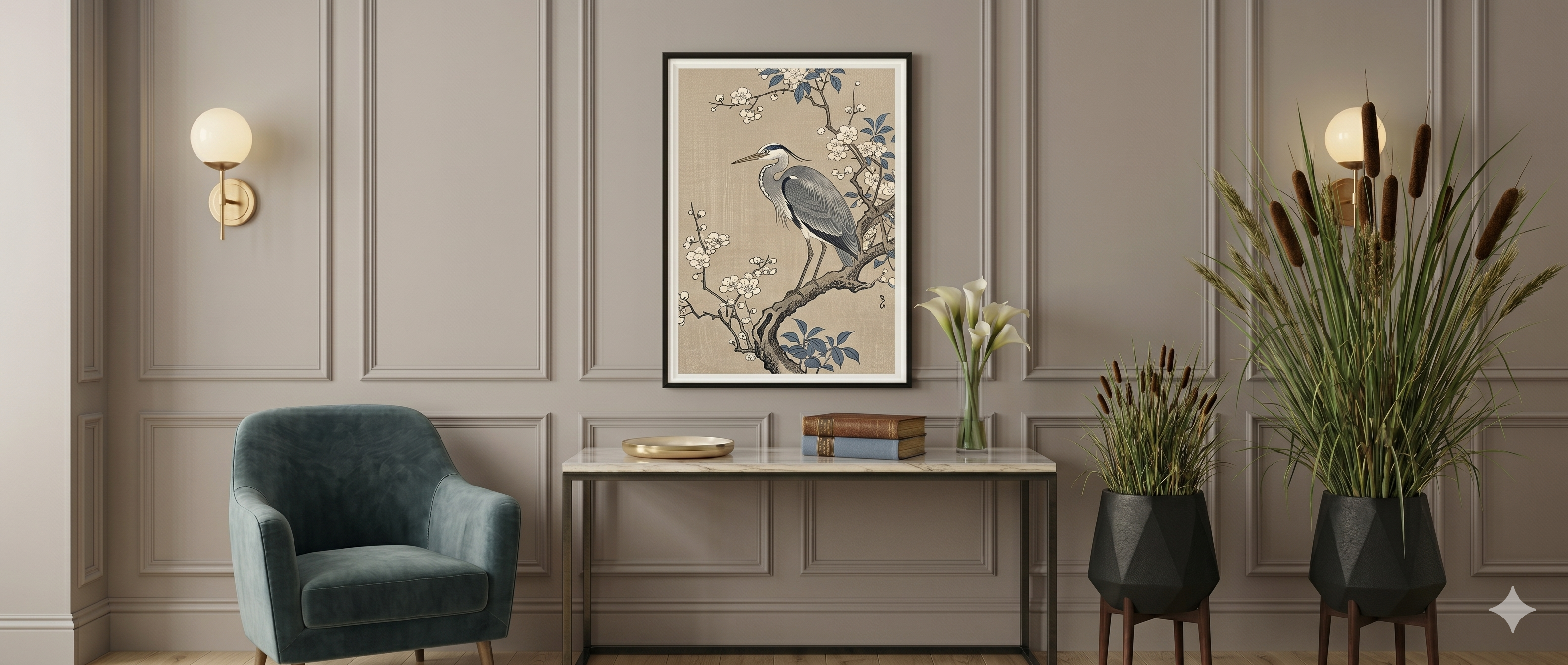 Modern interior design with a gray armchair, console table, and decorative elements.