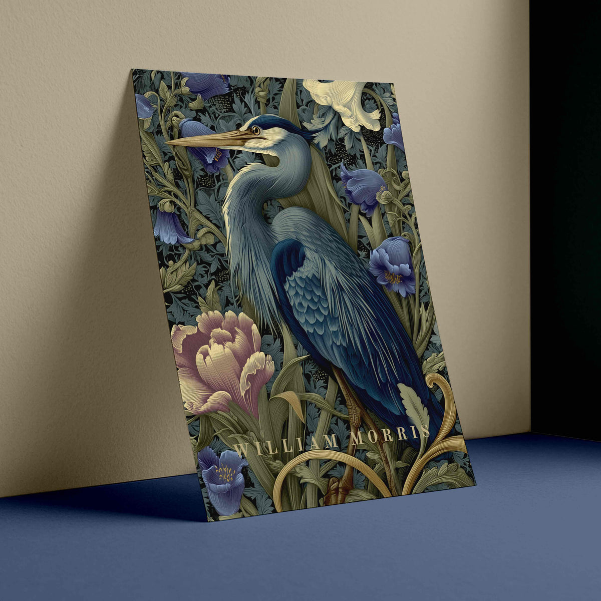 Decorative book with a heron and floral design on a beige and blue background