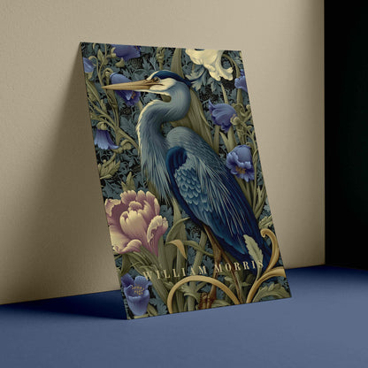 Decorative book with a heron and floral design on a beige and blue background