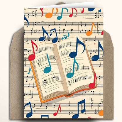 A greeting card featuring an open book of sheet music filled with colorful musical notes on a cream-colored background, shown with a brown kraft envelope behind it.
