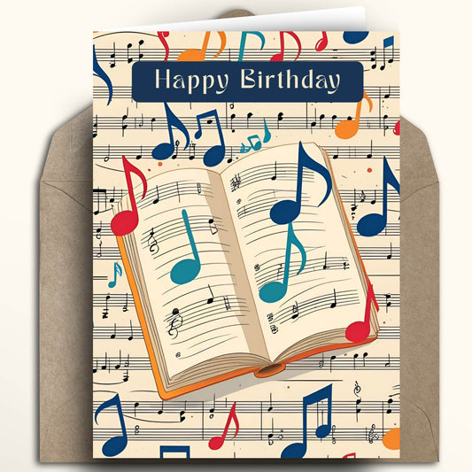 A square birthday card with a kraft envelope, featuring an illustration of an open book of music over a sheet music background with colorful musical notes and the words 'Happy Birthday' at the top.