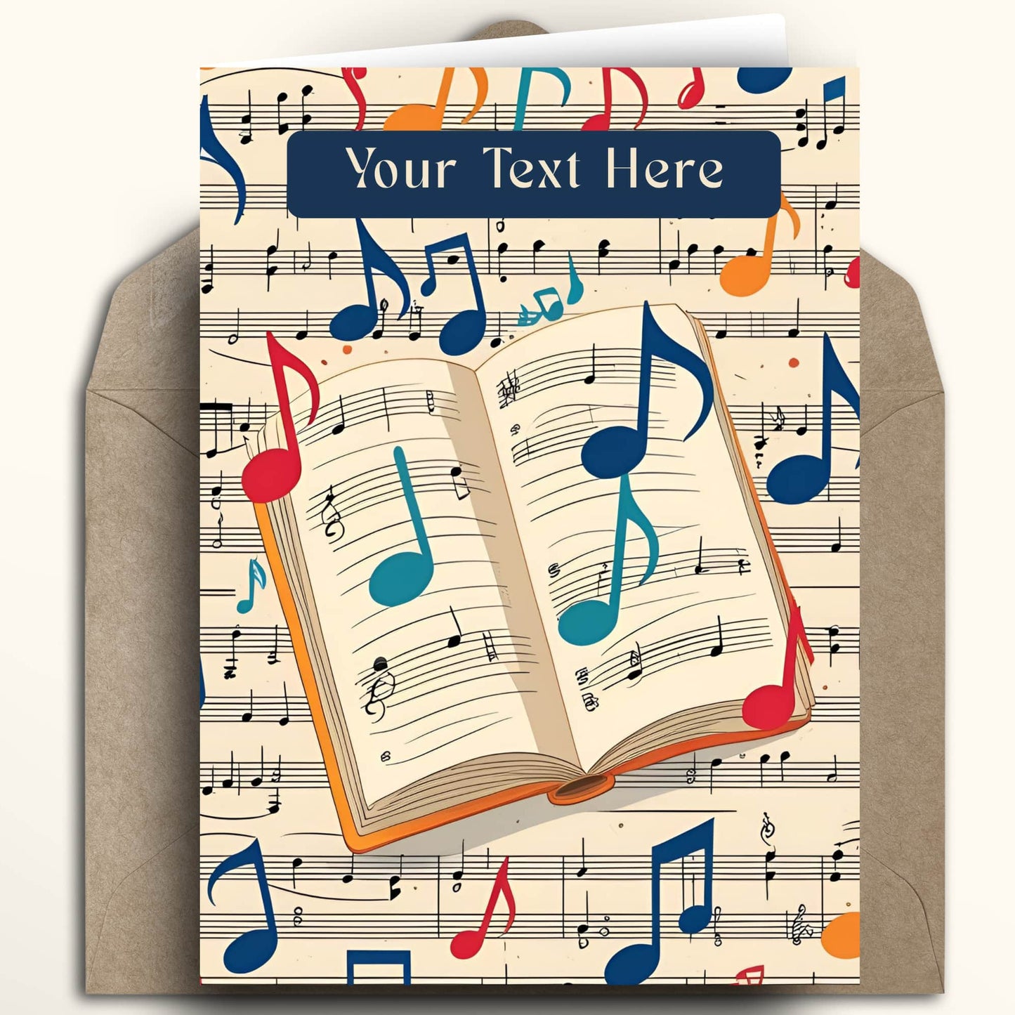 A greeting card featuring an illustrated open book of music over a sheet music background with colorful musical notes, shown with a brown kraft envelope behind it. The top of the card has a navy blue banner with placeholder text reading 'Your Text Here'.