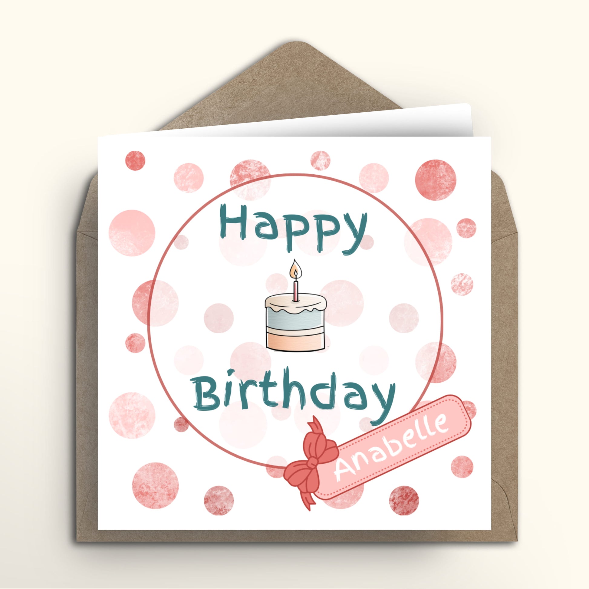 Birthday card with cake and candle illustration and envelope on a white background