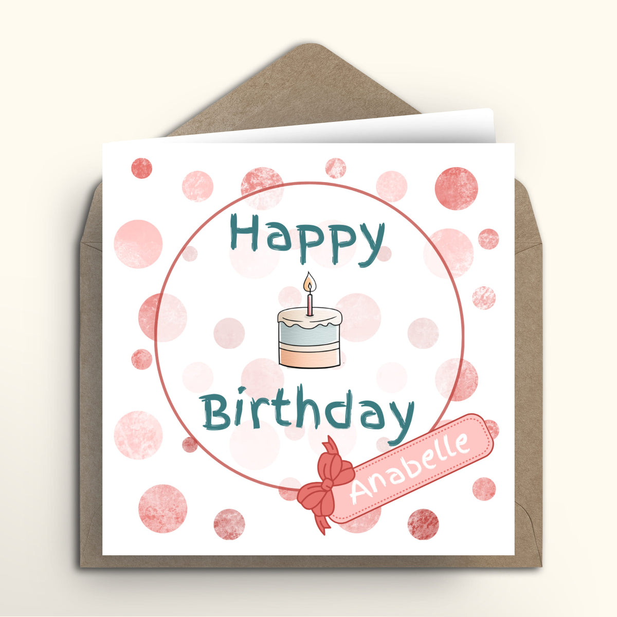 Birthday card with cake and candle illustration and envelope on a white background