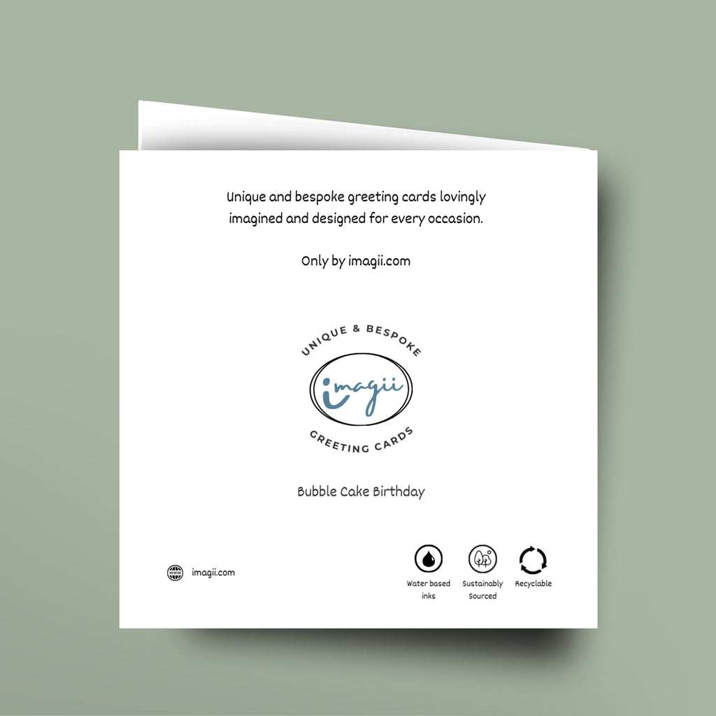 Greeting card with 'imagii' branding and sustainability information on a light green background
