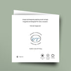 Greeting card with 'imagii' branding and sustainability information on a light green background