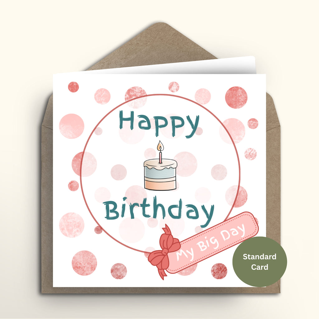 Birthday card with cake illustration and envelope on a white background