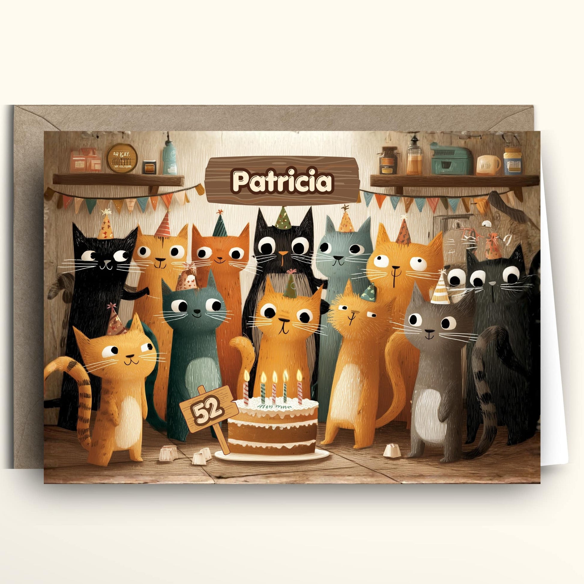 Birthday card with cartoon cats around a cake, featuring the name 'Patricia'.