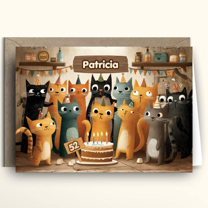 Birthday card with cartoon cats around a cake, featuring the name 'Patricia'.