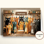 Illustration of cats celebrating a birthday with a cake and 'Patricia' sign, on a white background.