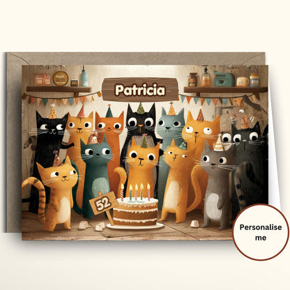 Illustration of cats celebrating a birthday with a cake and 'Patricia' sign, on a white background.