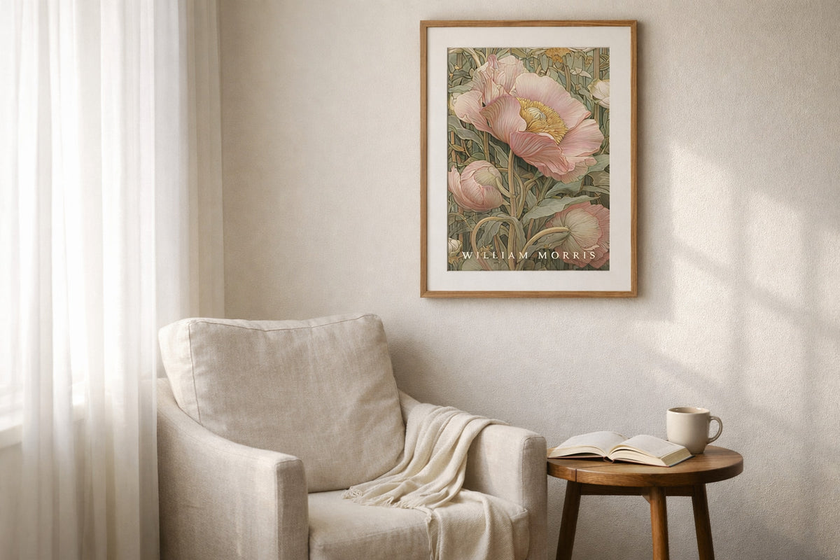 Unframed light pink pastel Pimpernel floral pattern poster inspired by William Morris botanical arts and crafts movement