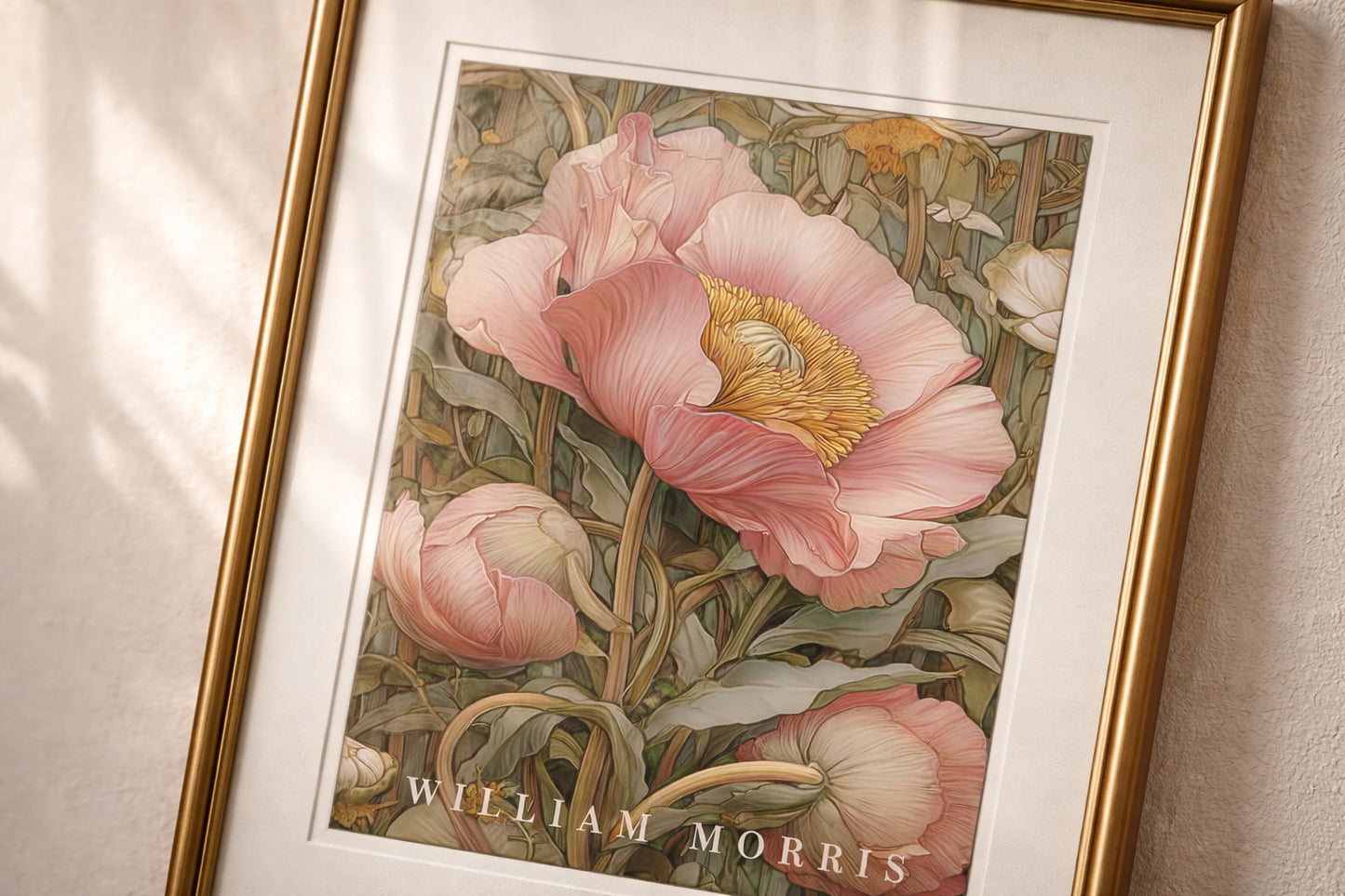 Unframed light pink pastel Pimpernel floral pattern poster inspired by William Morris botanical arts and crafts movement