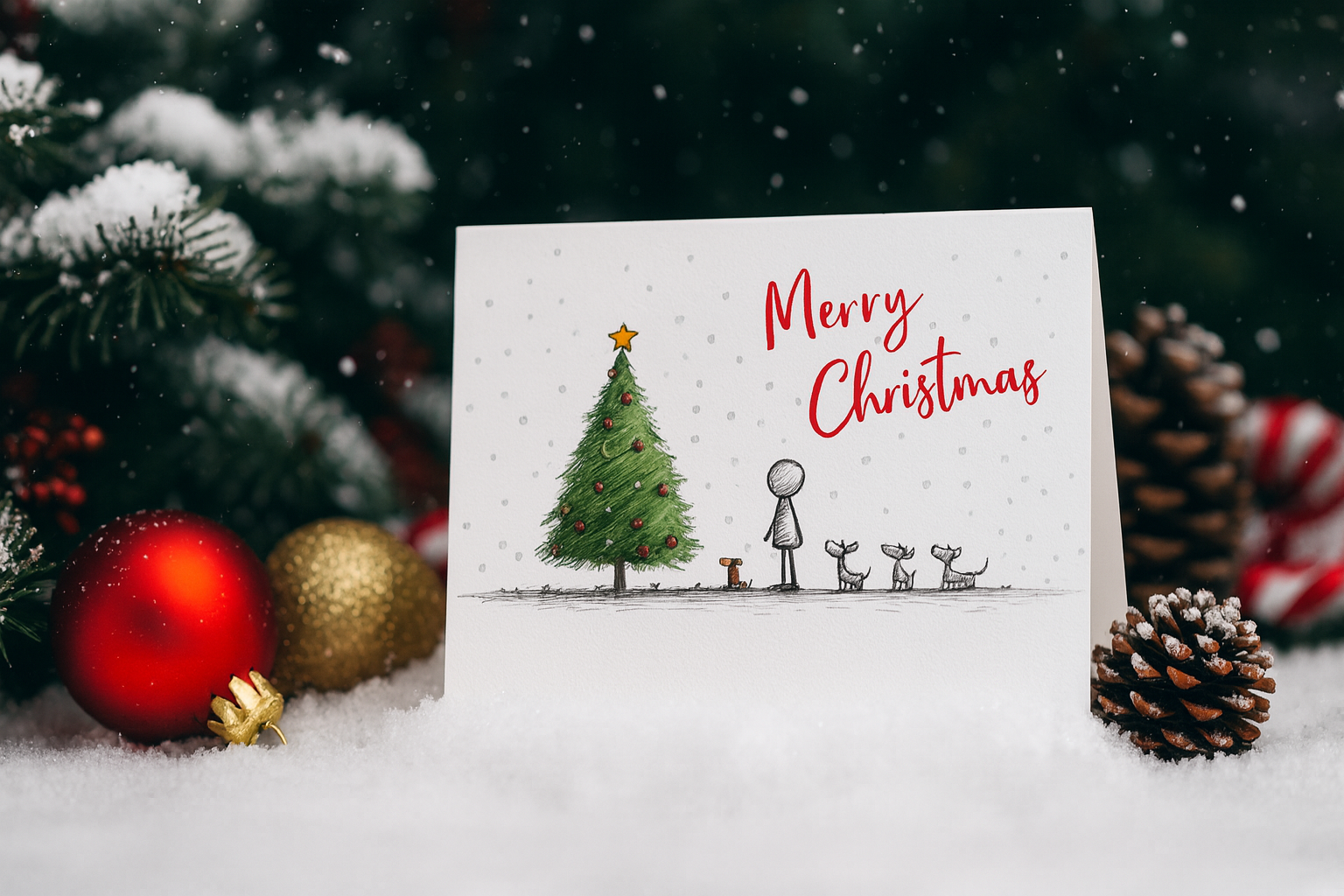 Christmas card with a tree and people in the snow, surrounded by festive decorations.