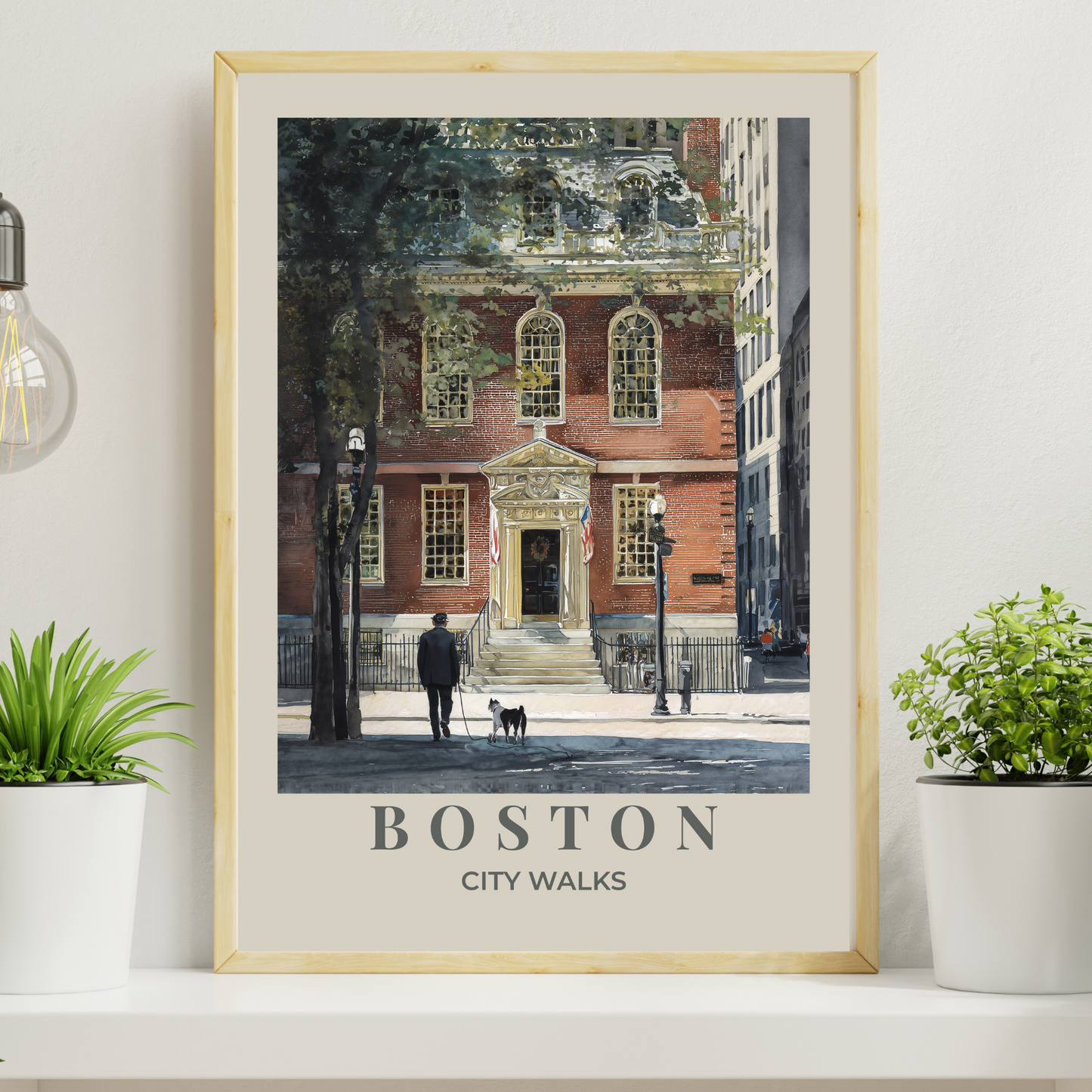 Boston Old State House poster with warm beige border showing dog walker, colonial architecture, Freedom Trail landmark, vintage watercolor travel print