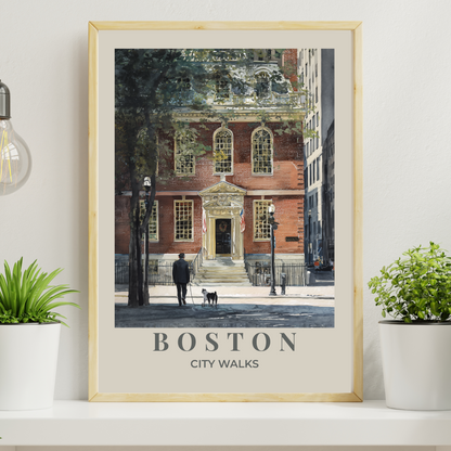 Boston Old State House poster with warm beige border showing dog walker, colonial architecture, Freedom Trail landmark, vintage watercolor travel print