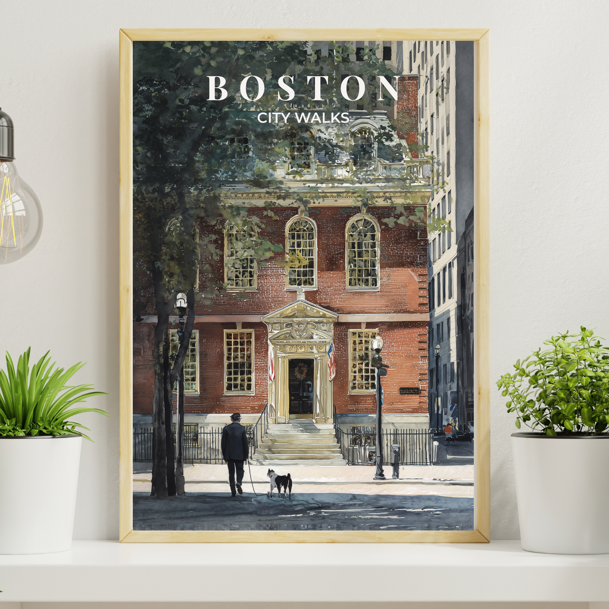City Walks Boston poster featuring man walking dog in front of historic Old State House brick building, watercolor vintage travel art Norman Rockwell style, borderless
