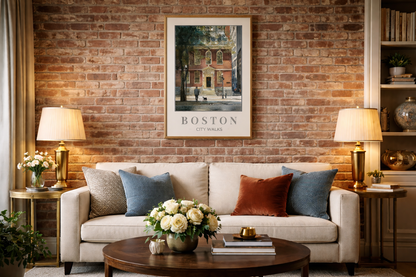 Boston sitting room Old State House inspired poster with warm beige soft elegant border showing dog walker on sunlit street, colonial architecture, trees, Freedom Trail historic landmark, vintage watercolor travel print Massachusetts