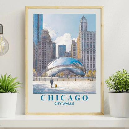 Framed poster of Chicago's skyline with a person walking towards the Bean, on a shelf with plants.