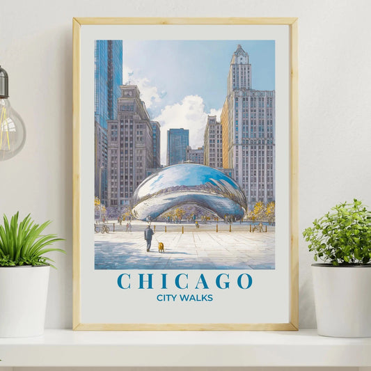 Framed poster of Chicago's skyline with a person walking towards the Bean, on a shelf with plants.