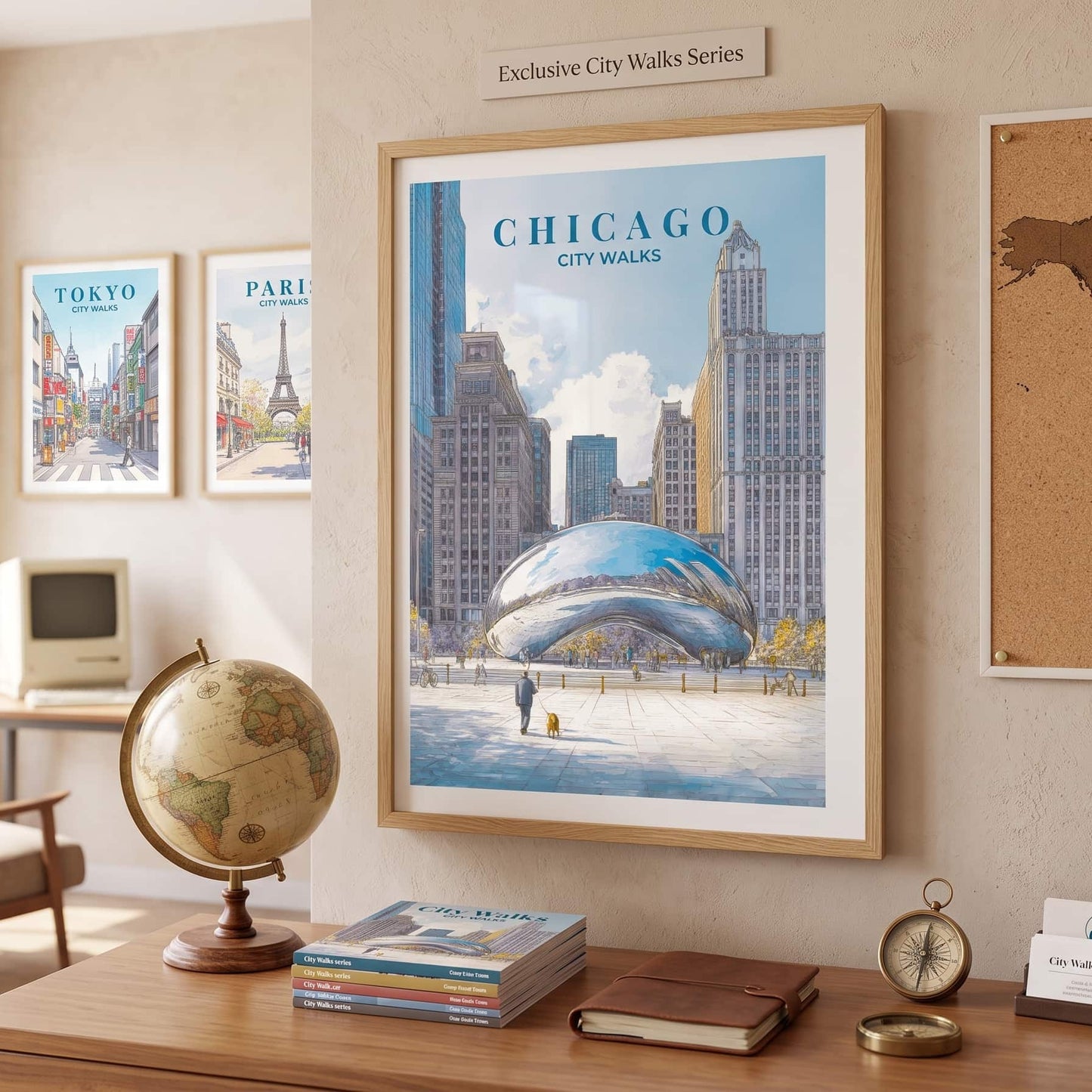 Framed poster of Chicago's Millennium Park on a wall with other city-themed posters.