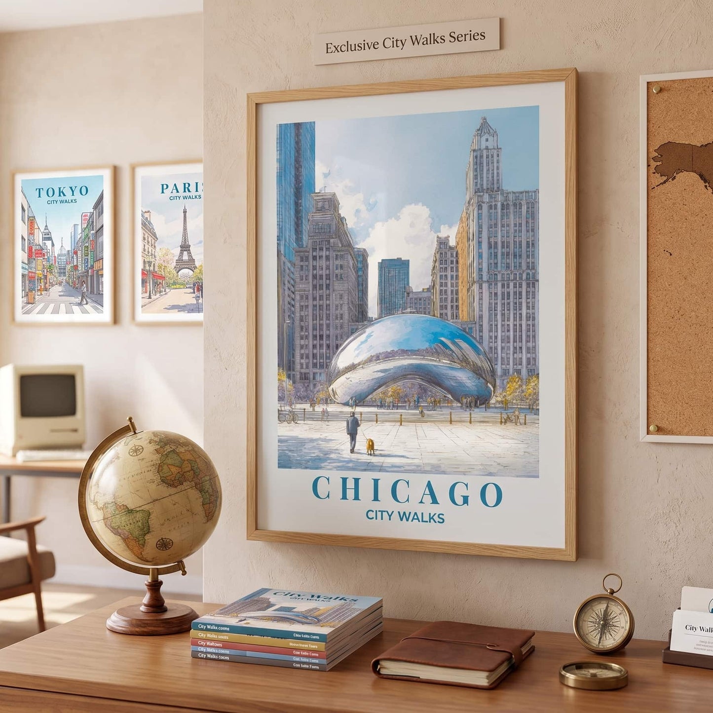 Framed poster of Chicago with world map and globe on a desk